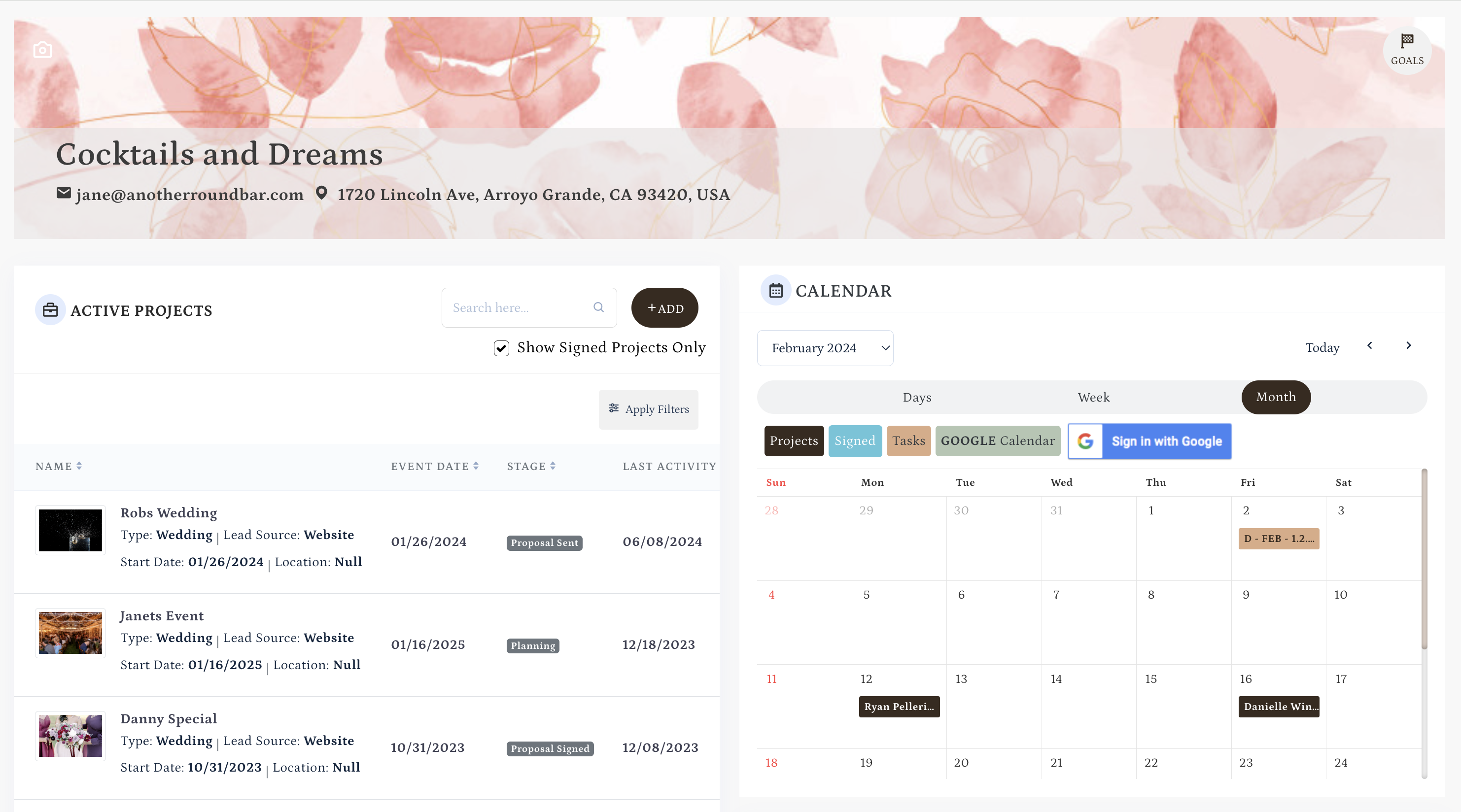 Harpsen's portal displaying client projects and project calendar